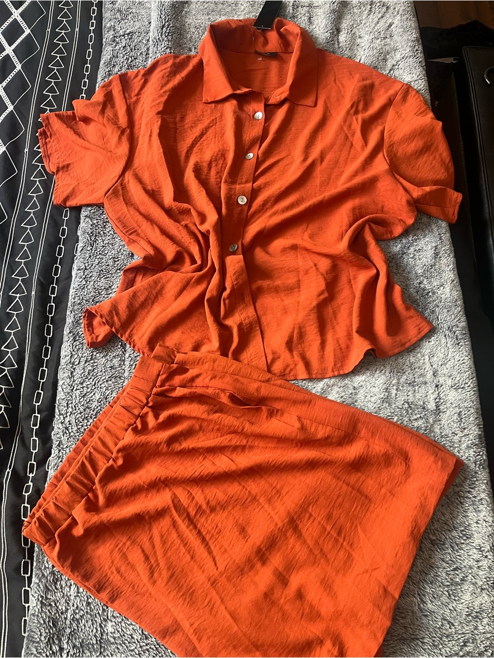 Women's Orange Short Set - Lightweight Button Shirt & Elastic Waist Shorts